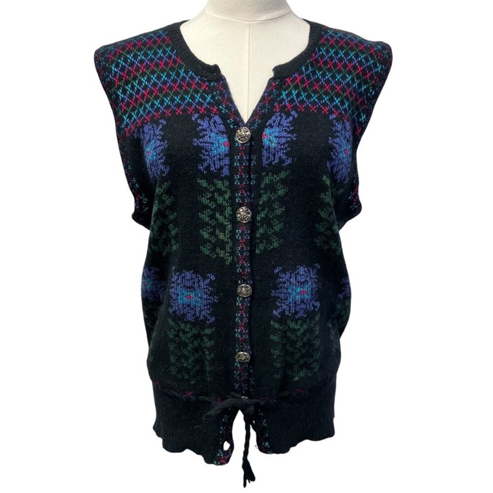 Vintage Cullinane Womens‎ M Sweater Vest Black Floral Lamb's wool blend cottage